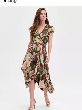 Adrianna Papell Brown Floral Wrap High-Low Dress with Pink and Green Accents